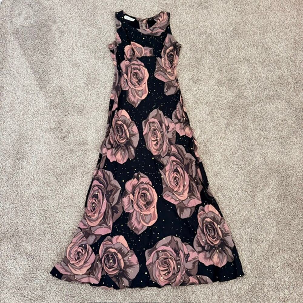 Saffron Maxi Gown Women's Small Floral Sleeveless Bodycon Pink Roses Y2K Vintage